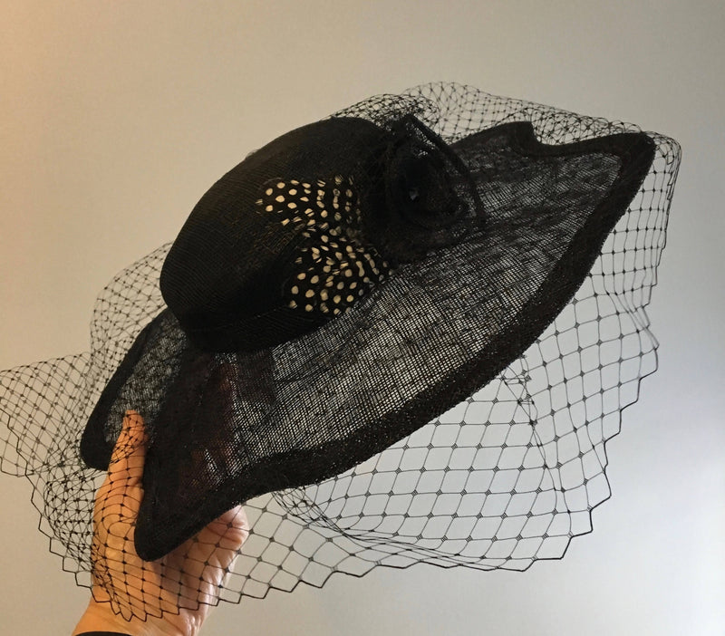 Classic black hat-like fascinator, with scalloped brim and all around veiling. Hatinator: formal occasion or race day, Ascot or luncheon "JUNE"
