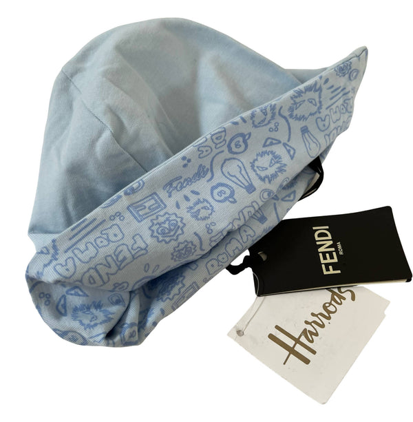 FENDI Roma Logo + Pattern Blue Soft Cotton Cuffia Bunx Jersey Baby's Hat New Born Gift Size II