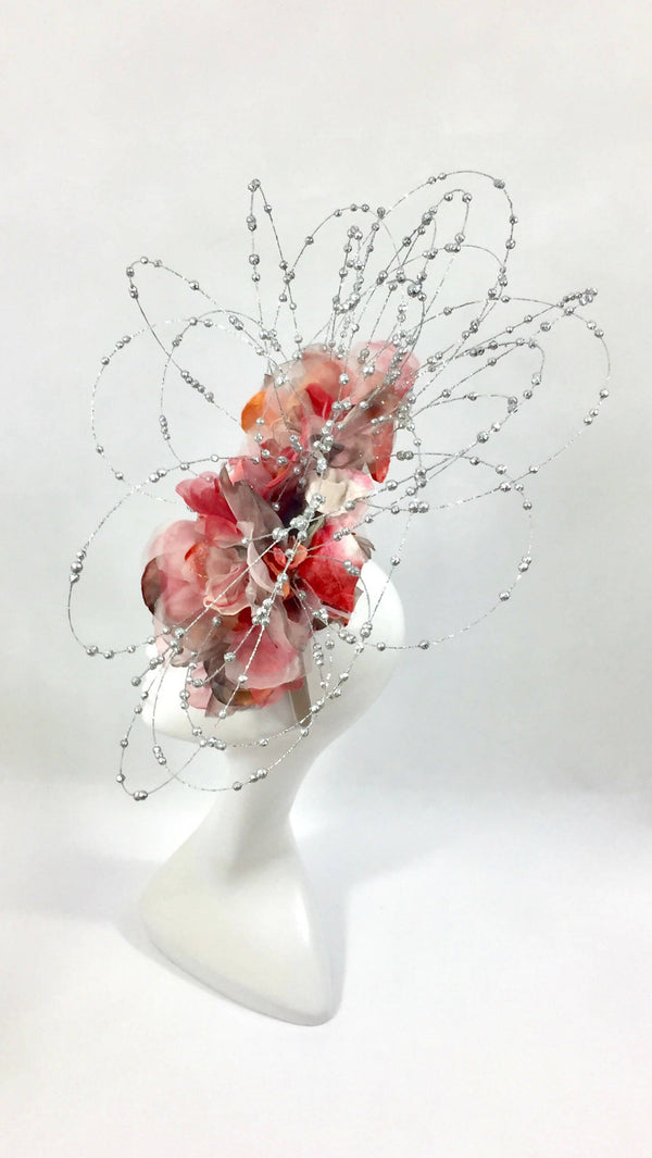 Grey and Silver Sinamay Headpiece with Silk and Velvet Roses