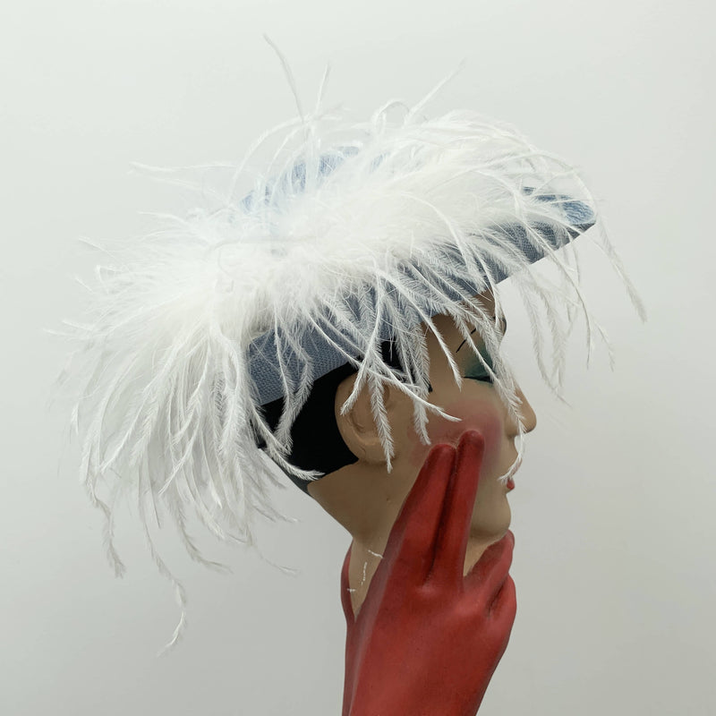 Vintage blue straw cocktail hat with white feather by Bermona Trend made in London