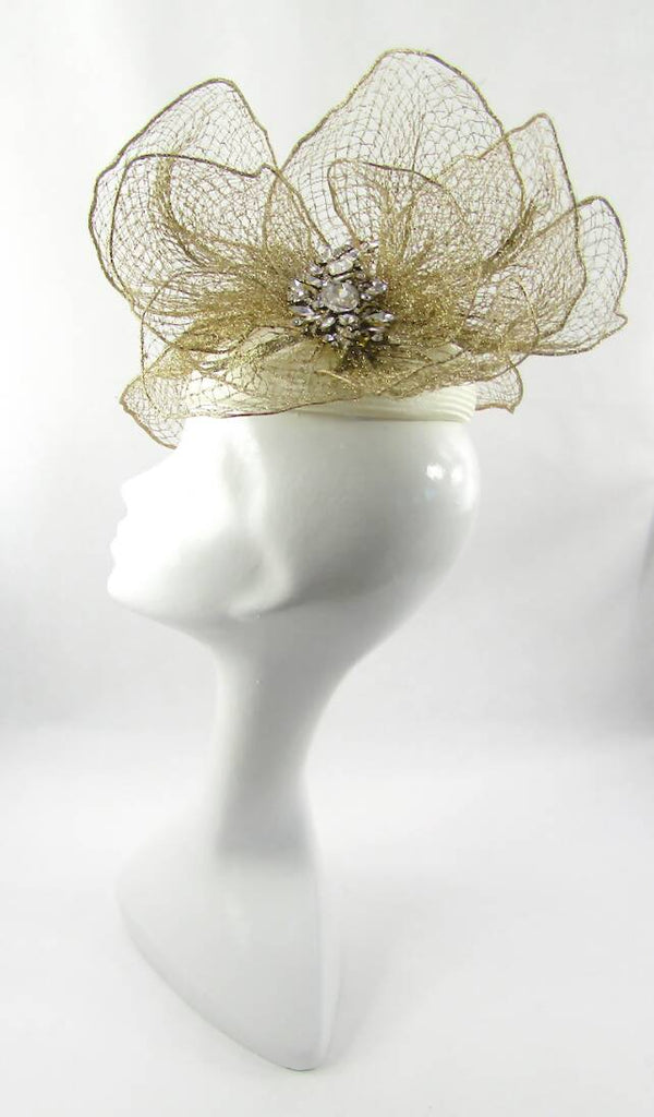 Ivory Parisisal Pillbox Hat with Gold Glittered Petals