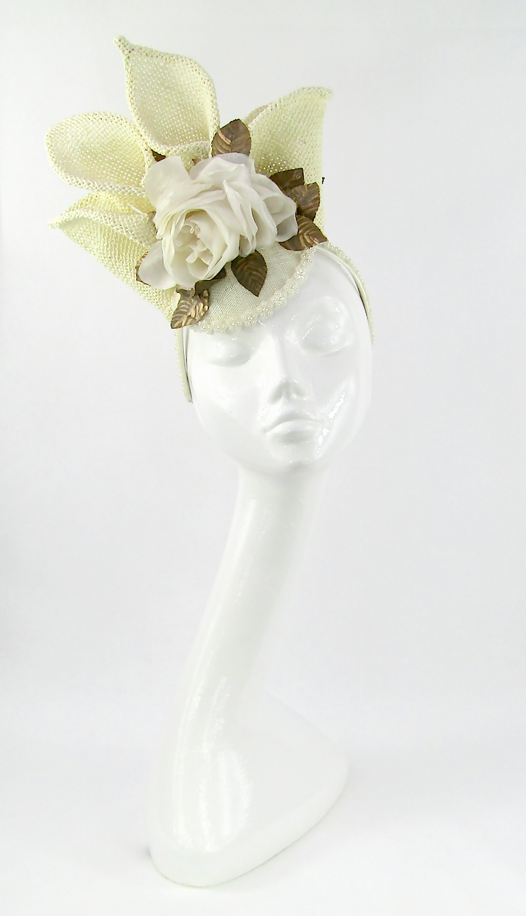 Silk Rose and Straw Calla Lily Headdress for Wedding, Royal Ascot, Kentucky Derby, Galway Races, Dubai World Cup, Melbourne Cup