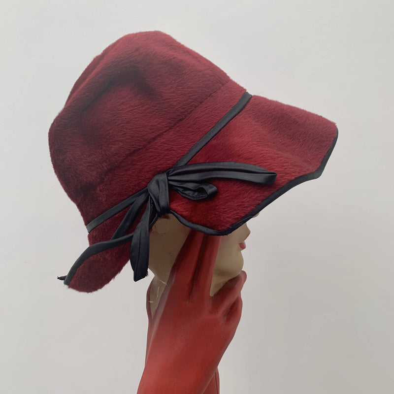 Vintage red velvet fur decorated cloche hat with leather trim edge