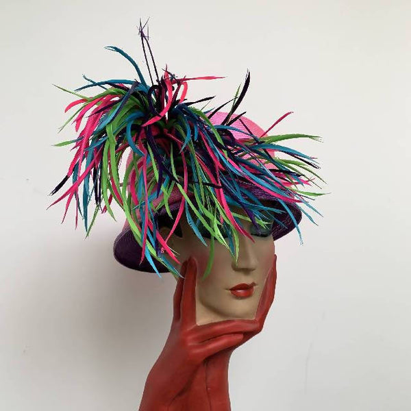 Vintage Philip Treacy purple and pink cloche hat with feather detailing