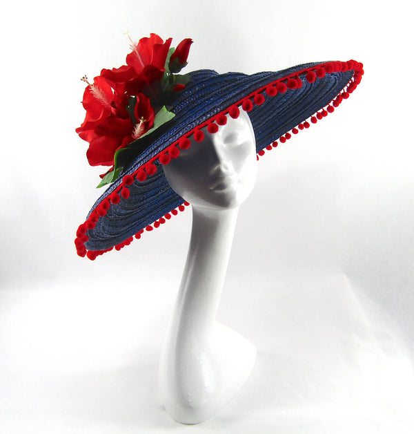 Raffia Sewn Straw Hat in Royal Blue
