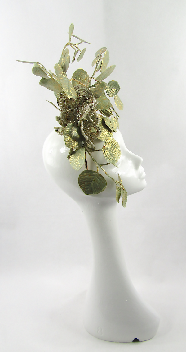 Gold and Green Leaf Headdress for Wedding, Ascot, Kentucky Derby, Galway Races, Dubai World Cup, Melbourne Cup