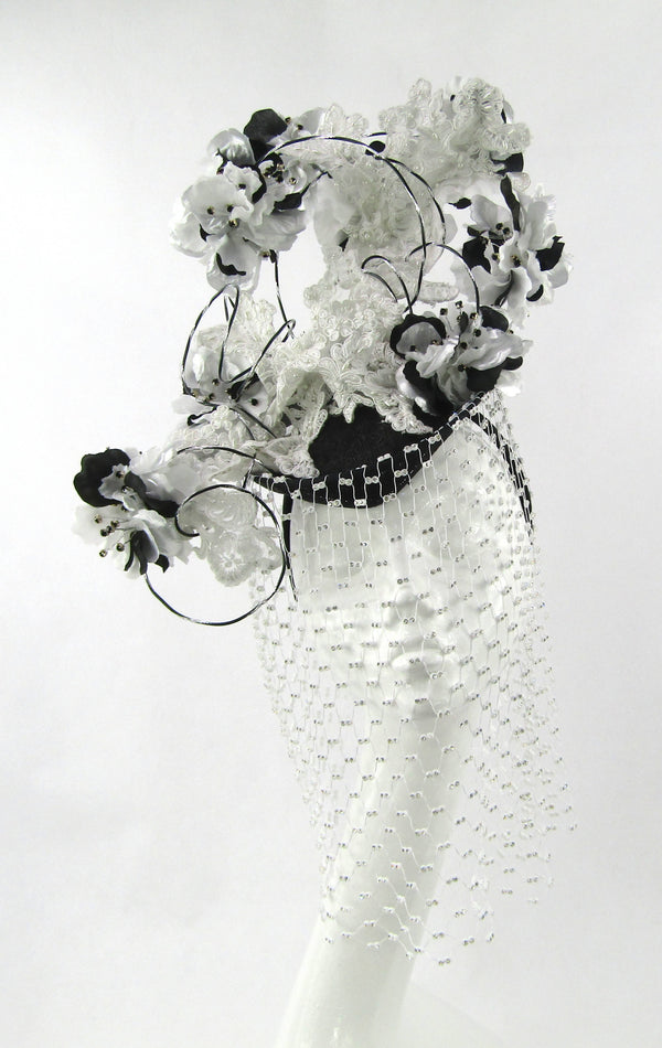Black, White and Silver Floral Juliet Cap Veiled Headdress