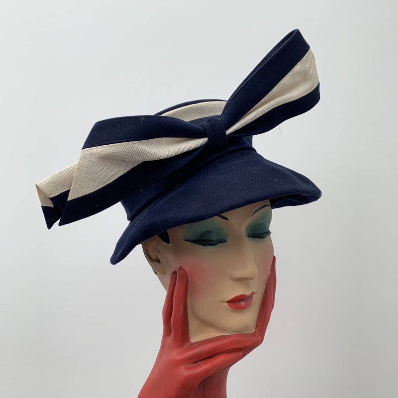 Vintage blue bucket hat with strip ribbon bow