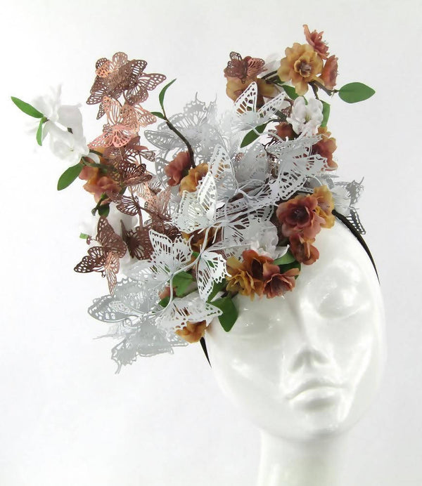 Rose Gold Metal and White Butterfly Headdress Wedding Hat Royal Ascot Races Special Occasion Headwear