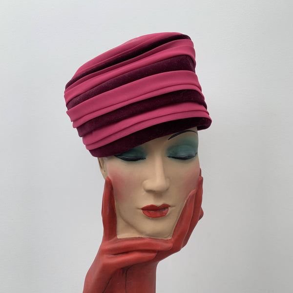 Vintage pink cloche hat with red stripes