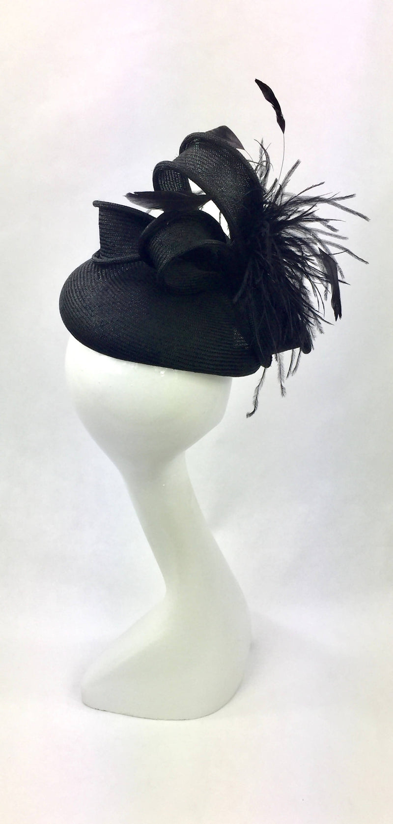 Black Parisisal Pillbox Hat with Bows and Feather Trim
