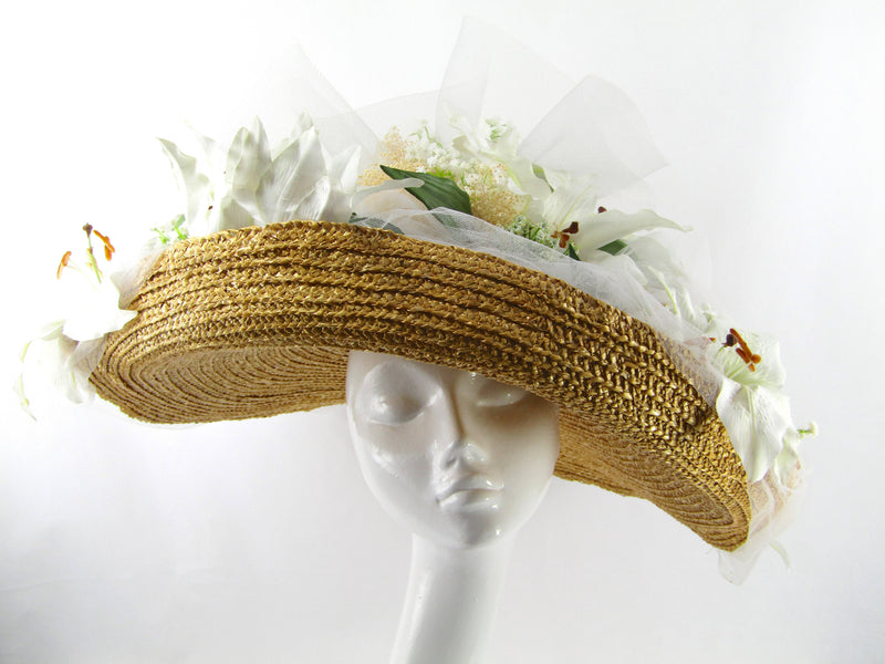 Large Raffia Sewn Straw Hat with Lilies and Tulle