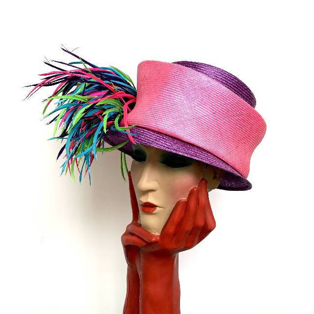 Vintage Philip Treacy purple and pink cloche hat with feather detailing