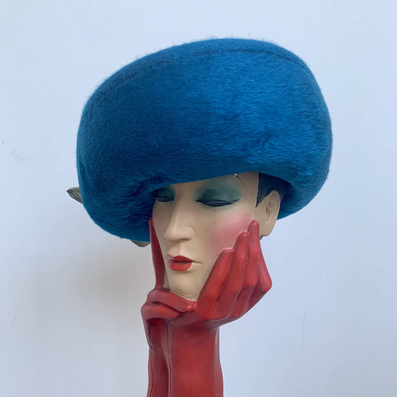 Blue oversized statement vintage felt hat with upturn brim and green bow
