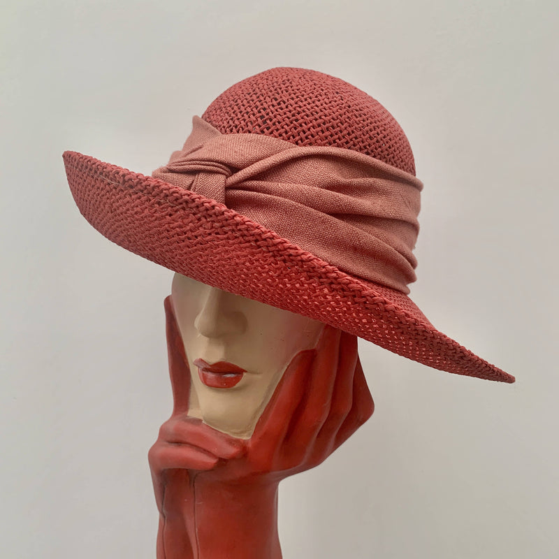 Vintage Red straw fedora hat with silk trimming by First Avenue