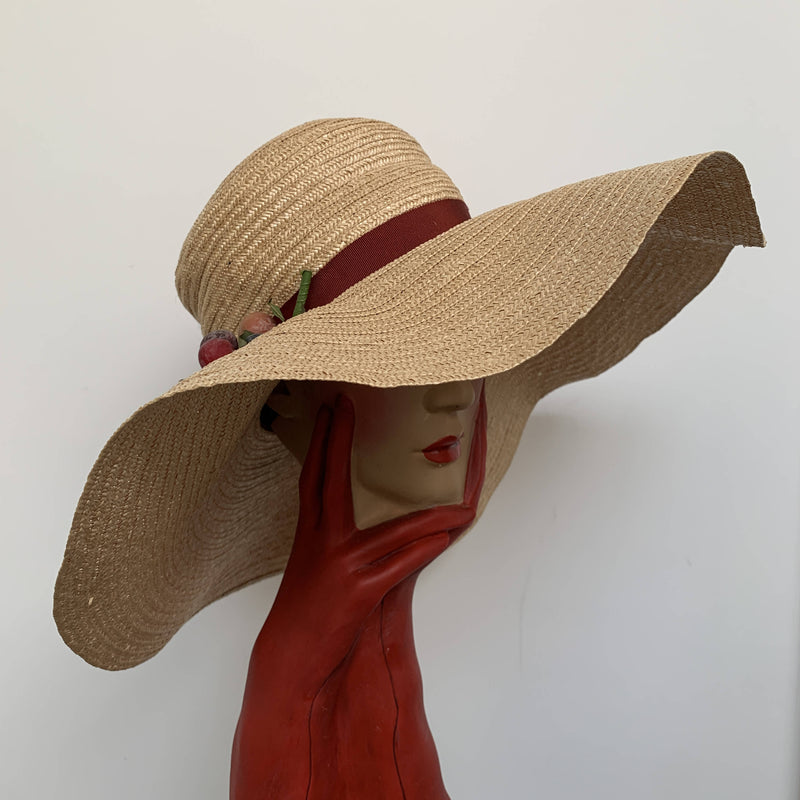 Vintage Oversized Large Brim Straw Hat with Fruits Detail – The