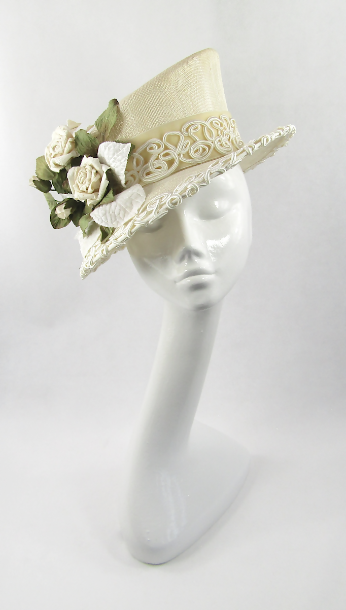 Ivory Sinamay Hat with Velvet Leaves & Paper Roses for Wedding, Races, Royal Garden Party, Special Occasion