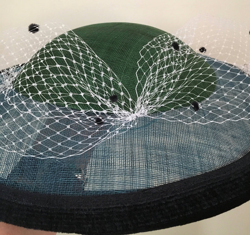 Emerald green + sapphire blue large statement fascinator with black velvet trim: race day, Easter or special occasion hat, hatinator "AUDREY"