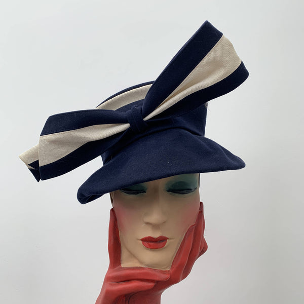 Vintage blue bucket hat with strip ribbon bow