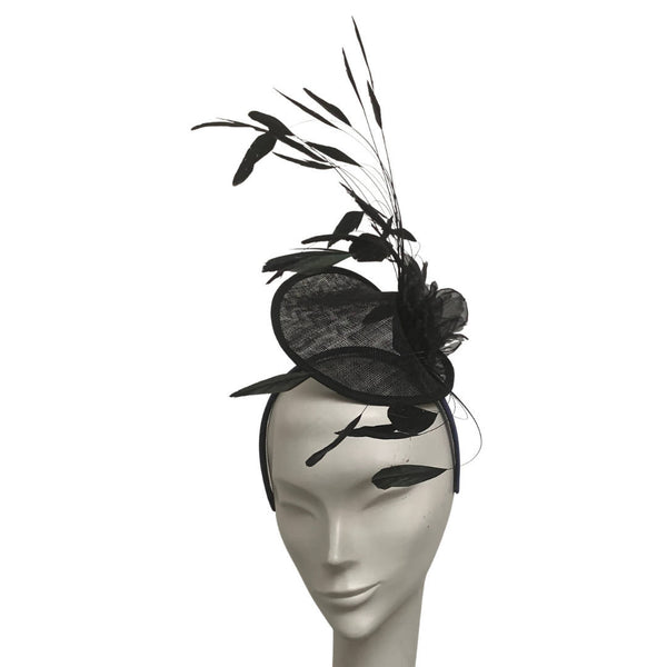 ALICIA BLACK FASCINATOR WITH LEAVES