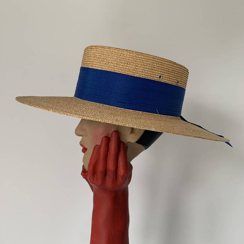 Vintage oversized boater straw hat with blue starp made in Venice, Italy