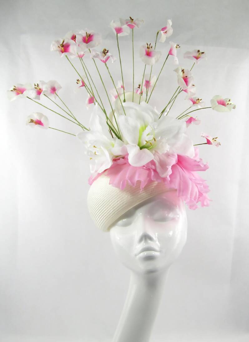 White Parisisal Pillbox Hat with Floral Trim