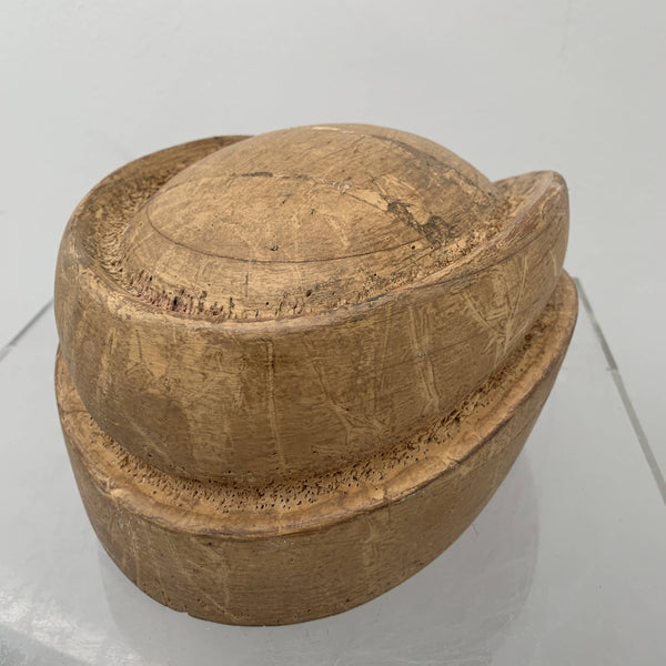 Vintage wooden crown hat block with bottom edge