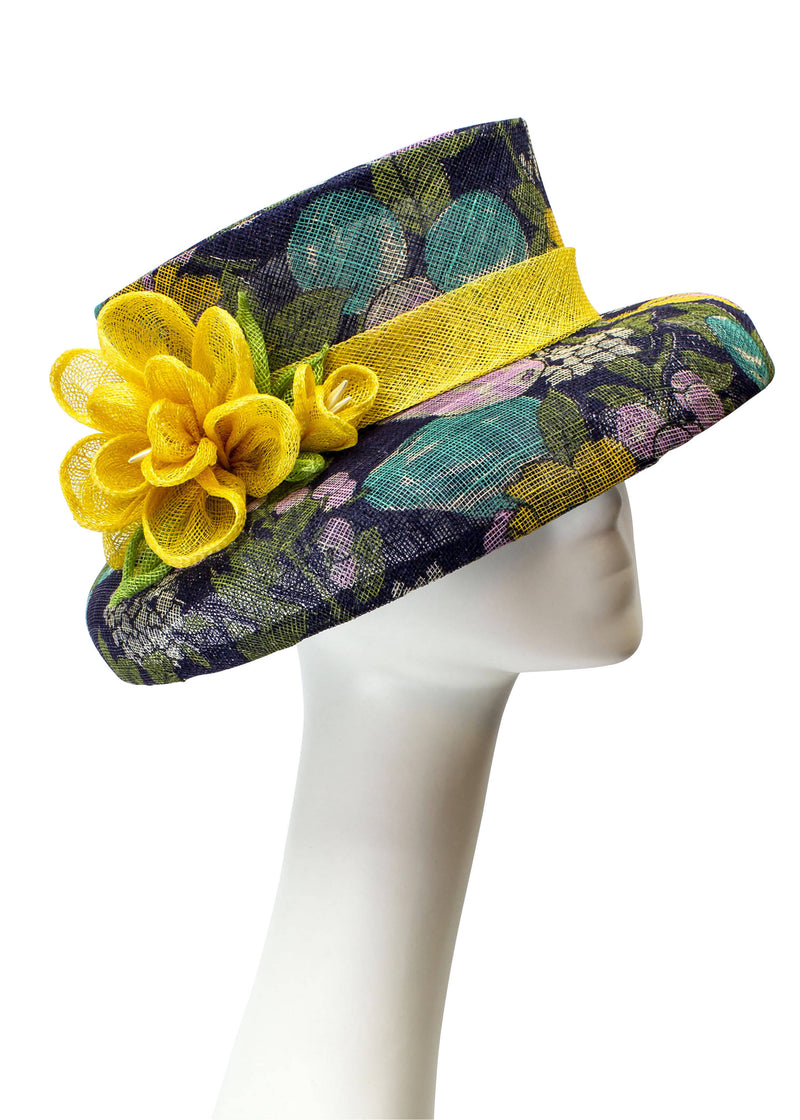 Sinamay Hat "Audrey" in Navy & Gold Floral Print