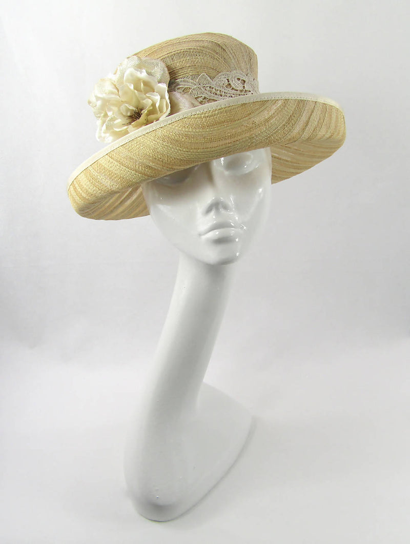 Up Turn Striped Sinamay Hat with Flower Trim