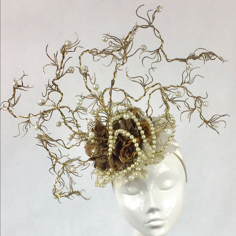 Antique Gold Rose Flower and Pearl Headdress