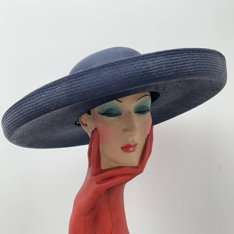 Vintage oversized navy classic straw brim hat by Jaeger made in Great Britain