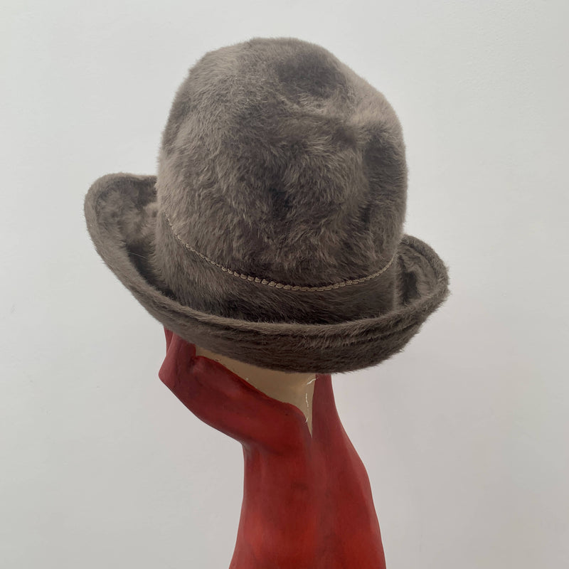 Vintage brown soft rabbit fur flower decorated cloche hat