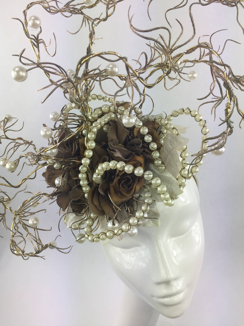 Antique Gold Rose Flower and Pearl Headdress