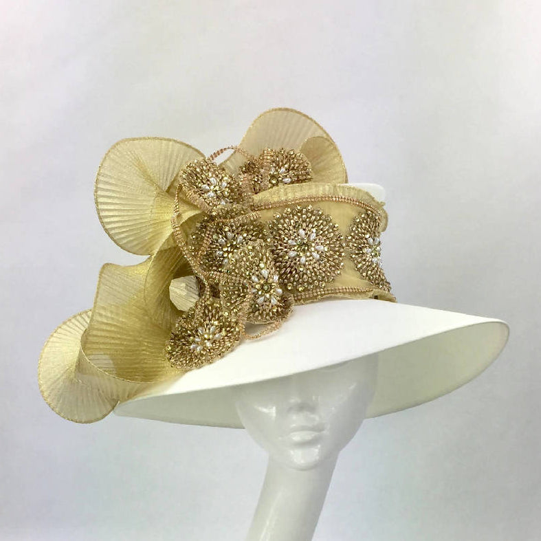Large Ivory and Gold Down Brim Hat