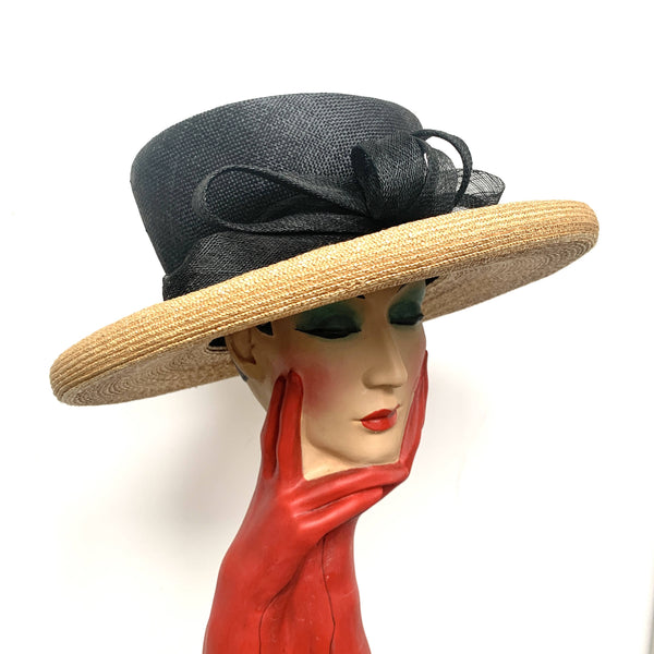 Beautiful Vintage Philip Treacy wide brim black and cream Fedora straw hat