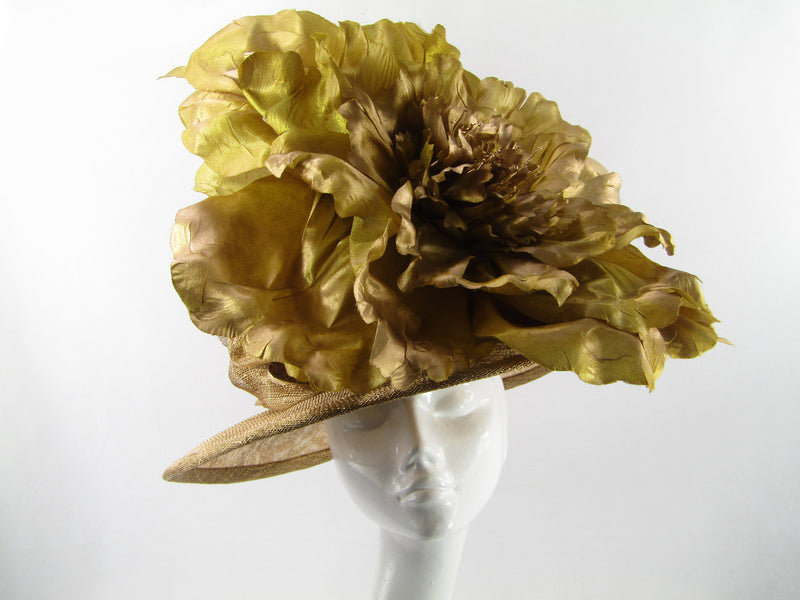Bespoke Large Gold Flower Sinamay Ruched Crown Hat