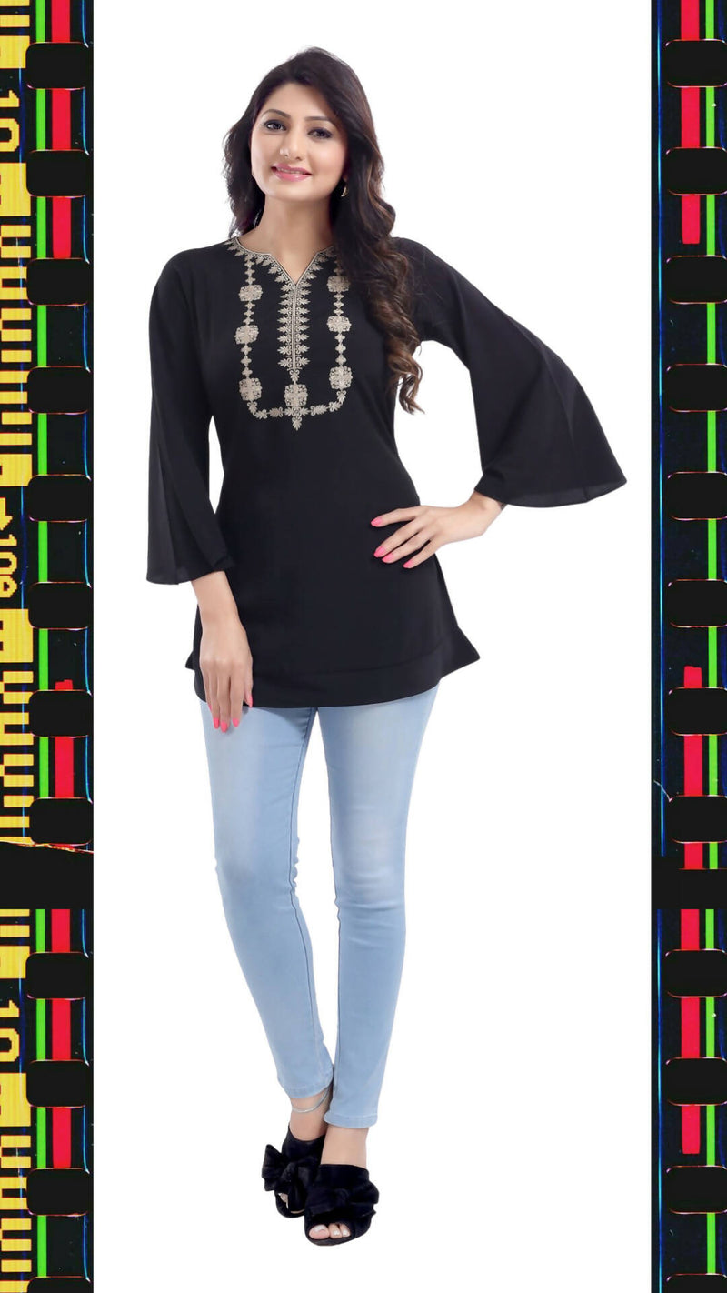 BD-438- Beautiful Embroidered black crepe fabric tunic top