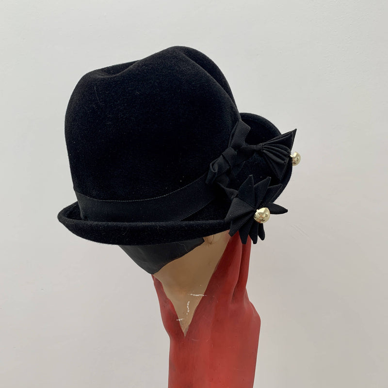 Vintage black and gold cloche decorated hat by Bermona