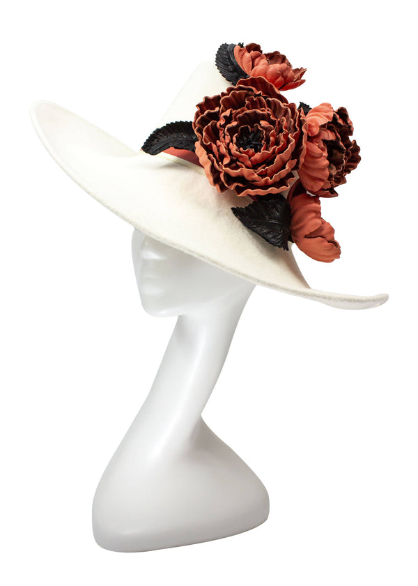 Winter White Felt Hat with Sculpted Brim and Leather Flowers