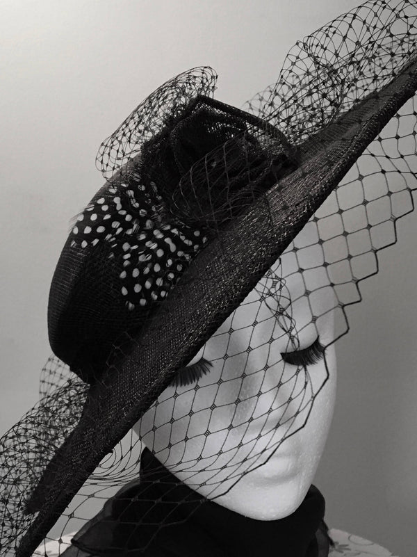 Classic black hat-like fascinator, with scalloped brim and all around veiling. Hatinator: formal occasion or race day, Ascot or luncheon "JUNE"