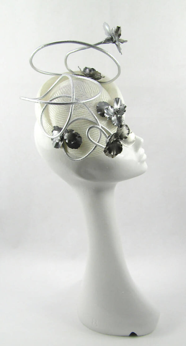 White & Silver Metal Swirl Pillbox Hat