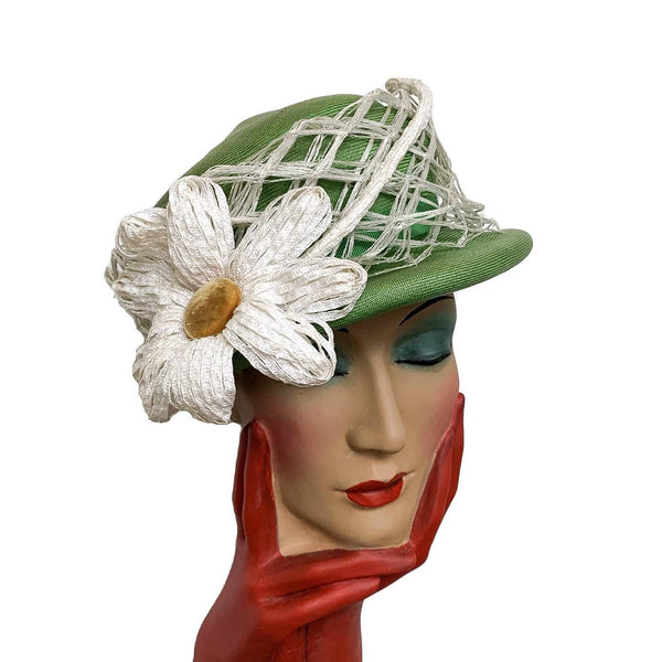 Vintage couture green daisy flower straw hat by Christian Dior
