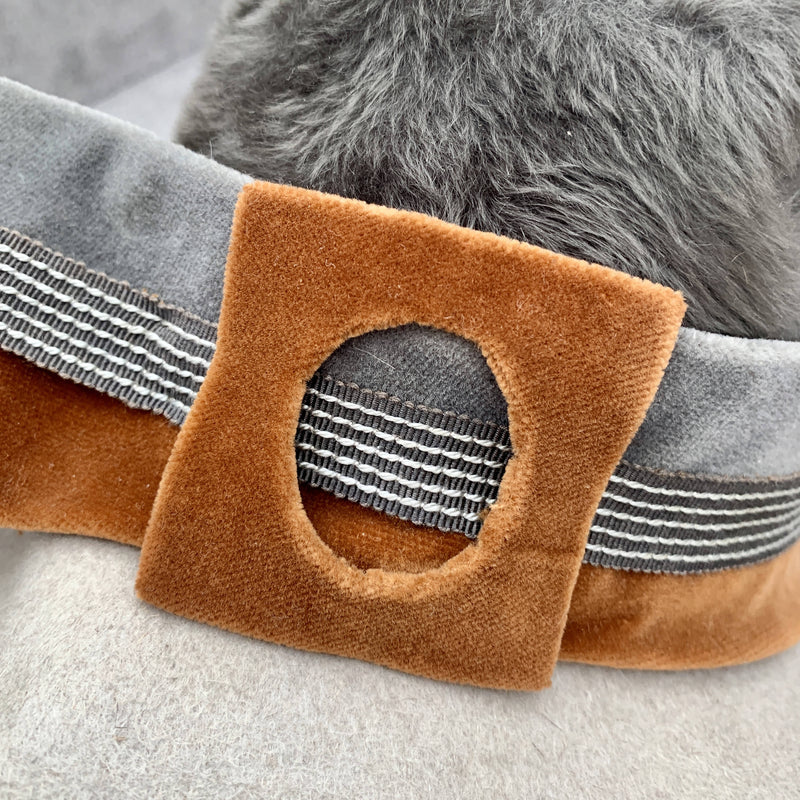 Vintage grey trilby hat with brown belt by Mitzi Lorenz