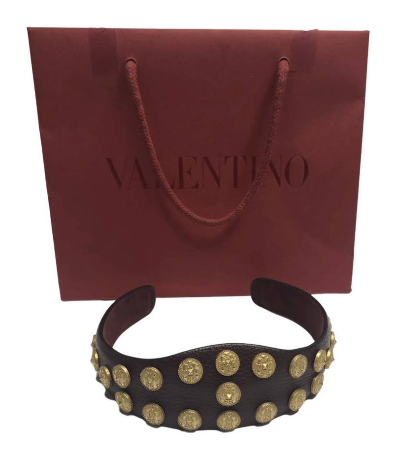 Vintage VALENTINO Archive Burgandy with Gold Logo Studs Wide Leather Headband Alice Hair Accessory Made in Italy