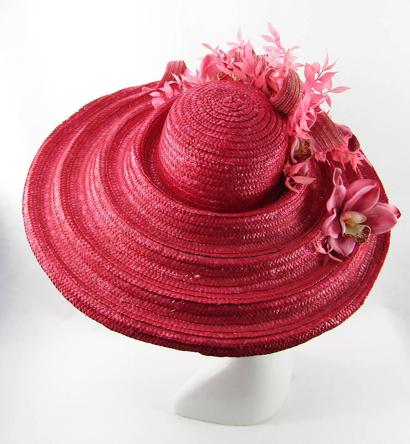 Raffia Sewn Straw Hat in Cerise Pink