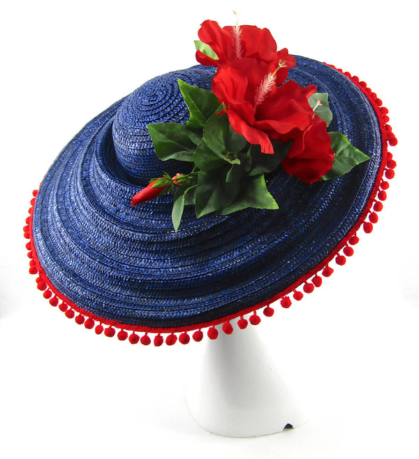 Raffia Sewn Straw Hat in Royal Blue