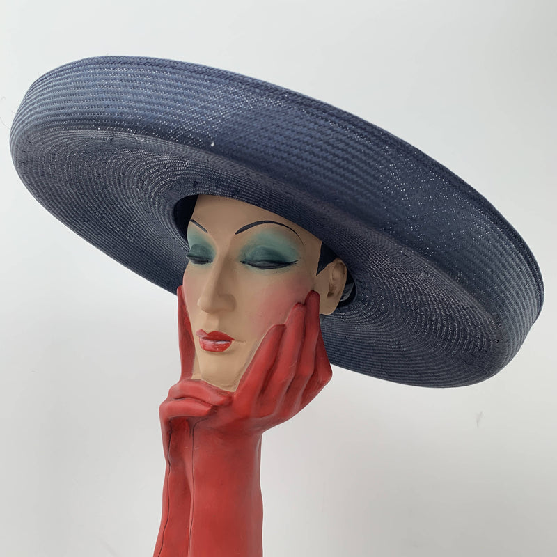 Vintage oversized navy classic straw brim hat by Jaeger made in Great Britain