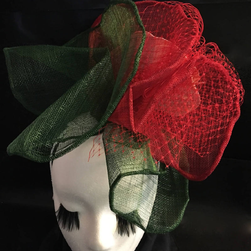 RED + GREEN FASCINATOR WITH LARGE ROSE, Race day hat, Ascot, Easter, Wedding guest "In Bloom"