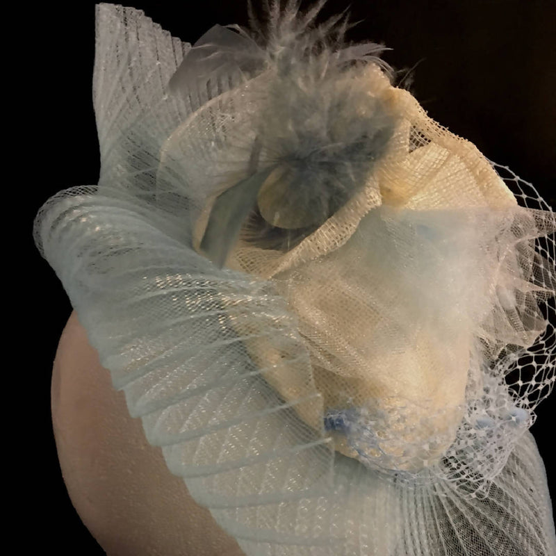 Pale Blue hat-like Fascinator with elegant pleated brim: Easter, Wedding, Raceday, Ascot "CRYSTAL BLUE ENCHANTMENT"