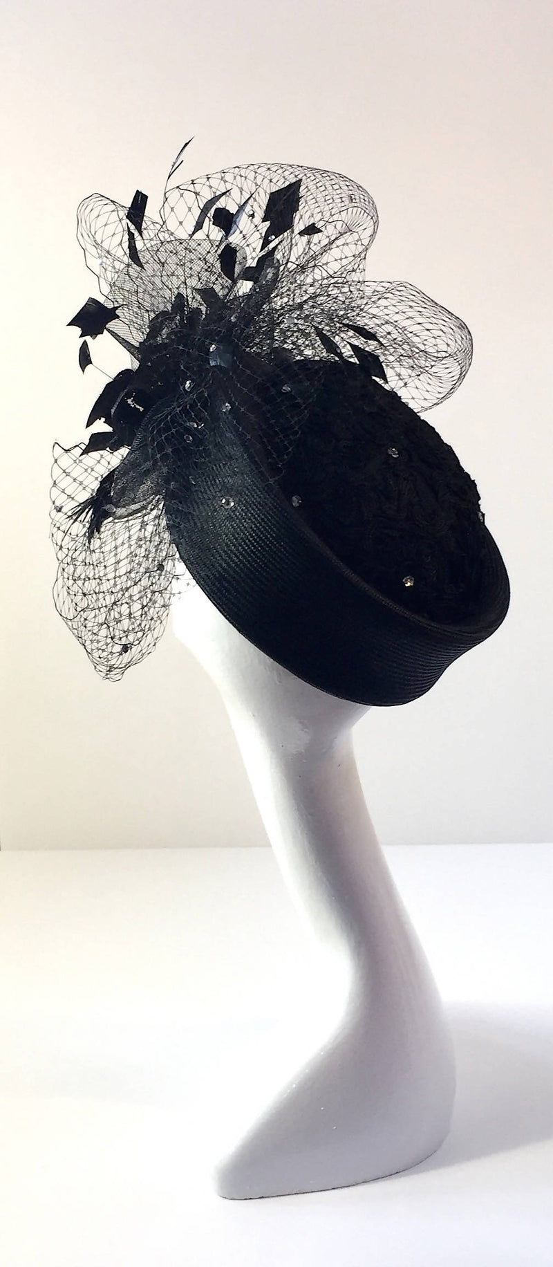 Black Parisisal Pillbox Hat with Diamanté Veiling